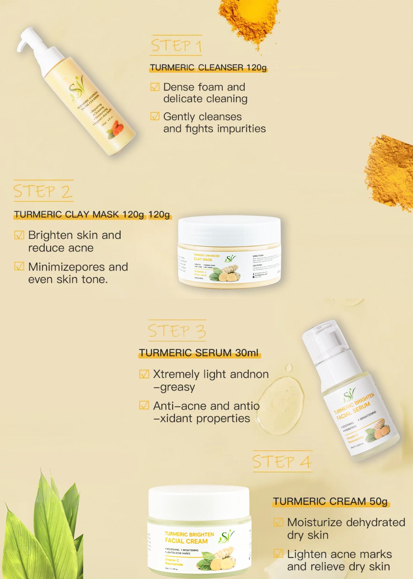 Spring Native Turmeric Skincare Set 4 in 1- Cleanser Serum Facial Cream and Claymask Reduce Acne and Scars Mask, Boosts Circulation, Skin Brightening & Unclog Pores