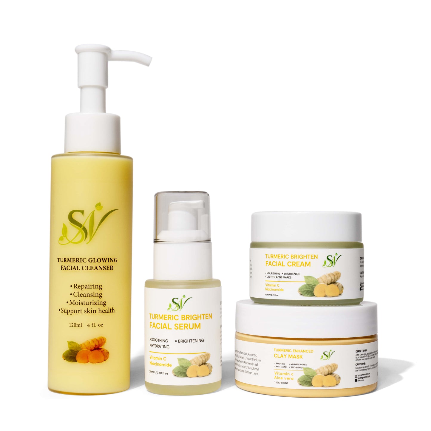 Spring Native Turmeric Skincare Set 4 in 1- Cleanser Serum Facial Cream and Claymask Reduce Acne and Scars Mask, Boosts Circulation, Skin Brightening & Unclog Pores