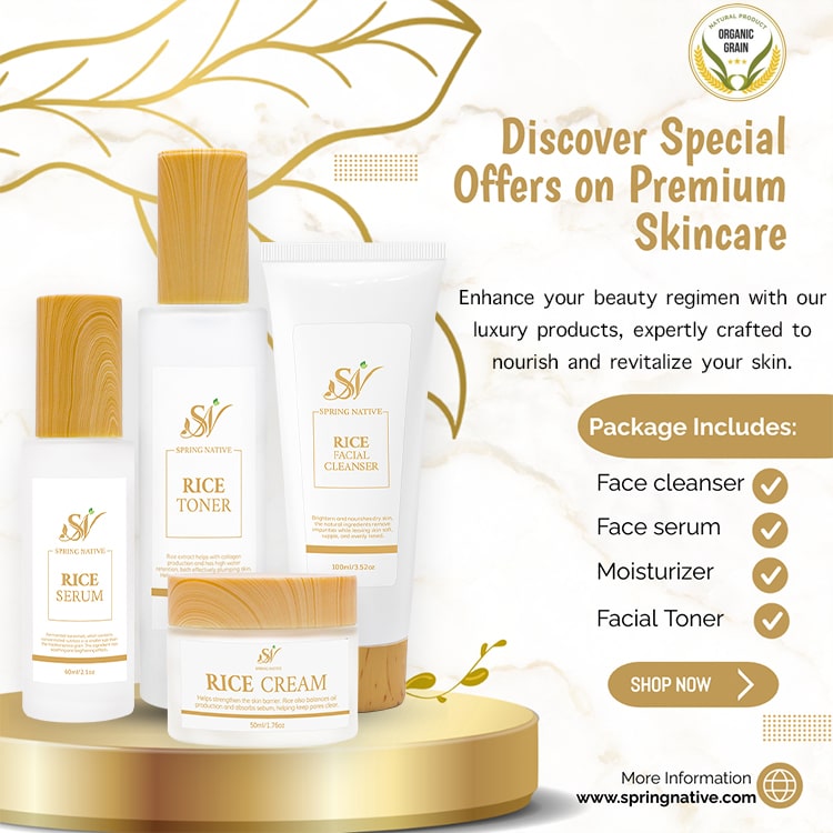 Spring Native Rice Skincare Set – Cleanser, Toner, Serum & Moisturizer for Hydration, Brightening & Soft Radiance – Gentle 4-Step Routine | All Skin Types