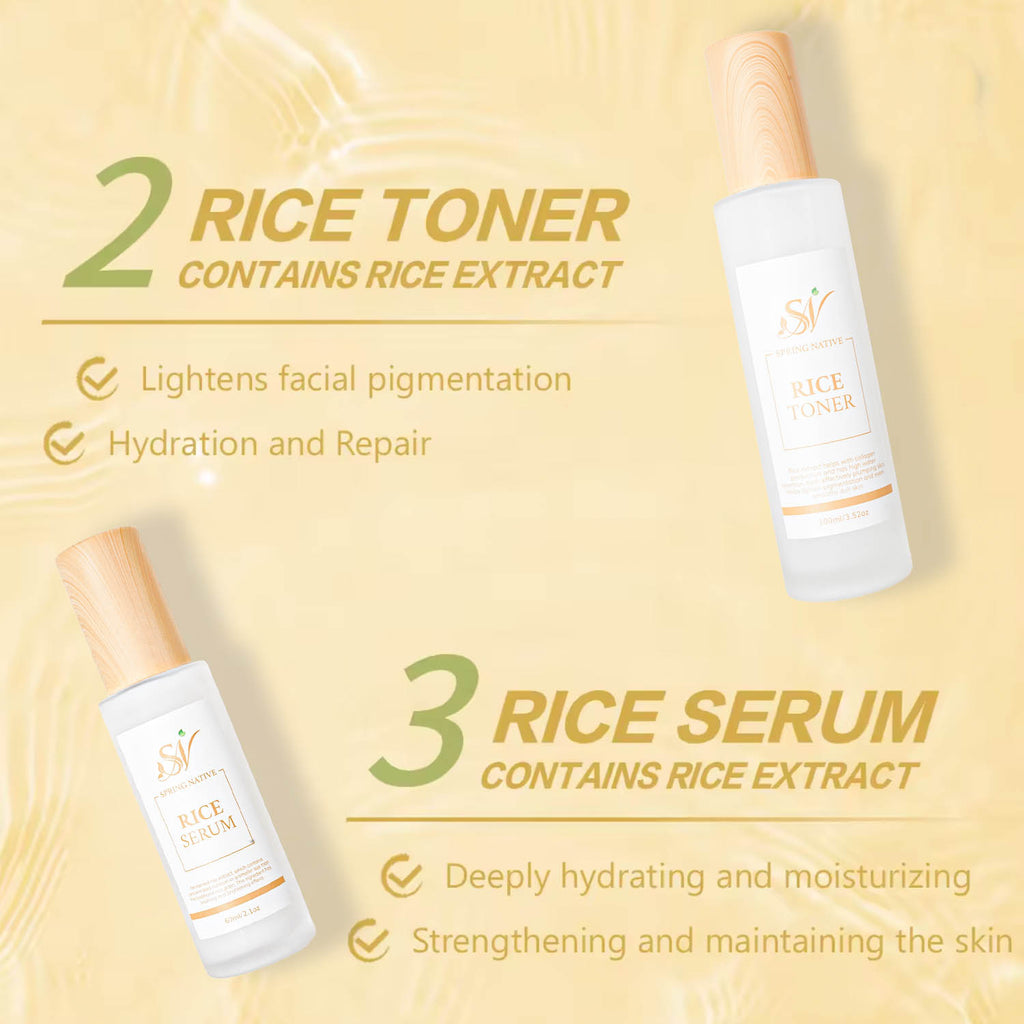 Spring Native Rice Skincare Set – Cleanser, Toner, Serum & Moisturizer for Hydration, Brightening & Soft Radiance – Gentle 4-Step Routine | All Skin Types