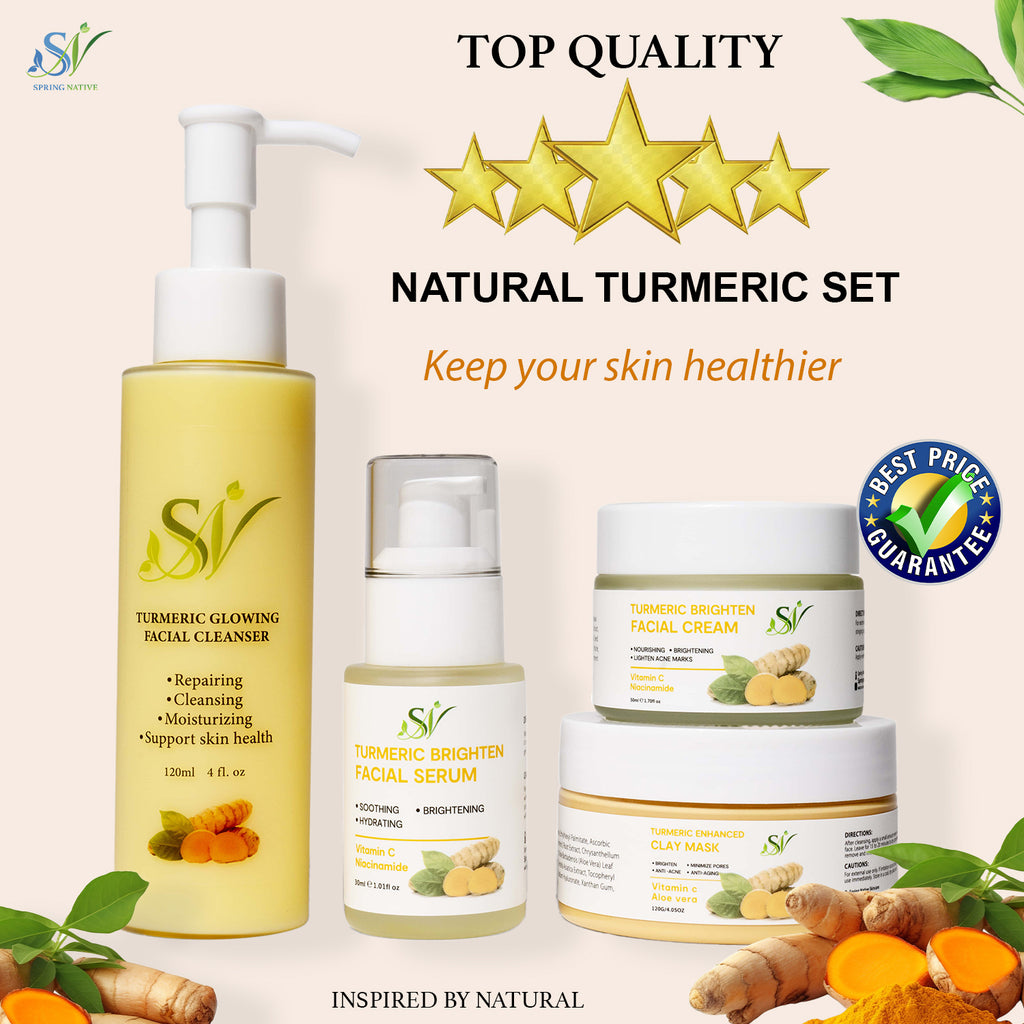 Spring Native Turmeric Skincare Set – Cleanser, Serum, Moisturizer & Clay Mask for Bright, Balanced and Beautiful Skin – 4-Step Routine with Botanical Glow Boost | All Skin Types