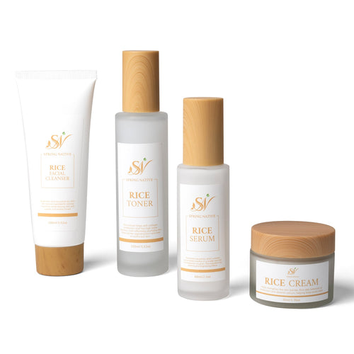 Spring Native Rice Skincare Set – Cleanser, Toner, Serum & Moisturizer for Hydration, Brightening & Soft Radiance – Gentle 4-Step Routine | All Skin Types