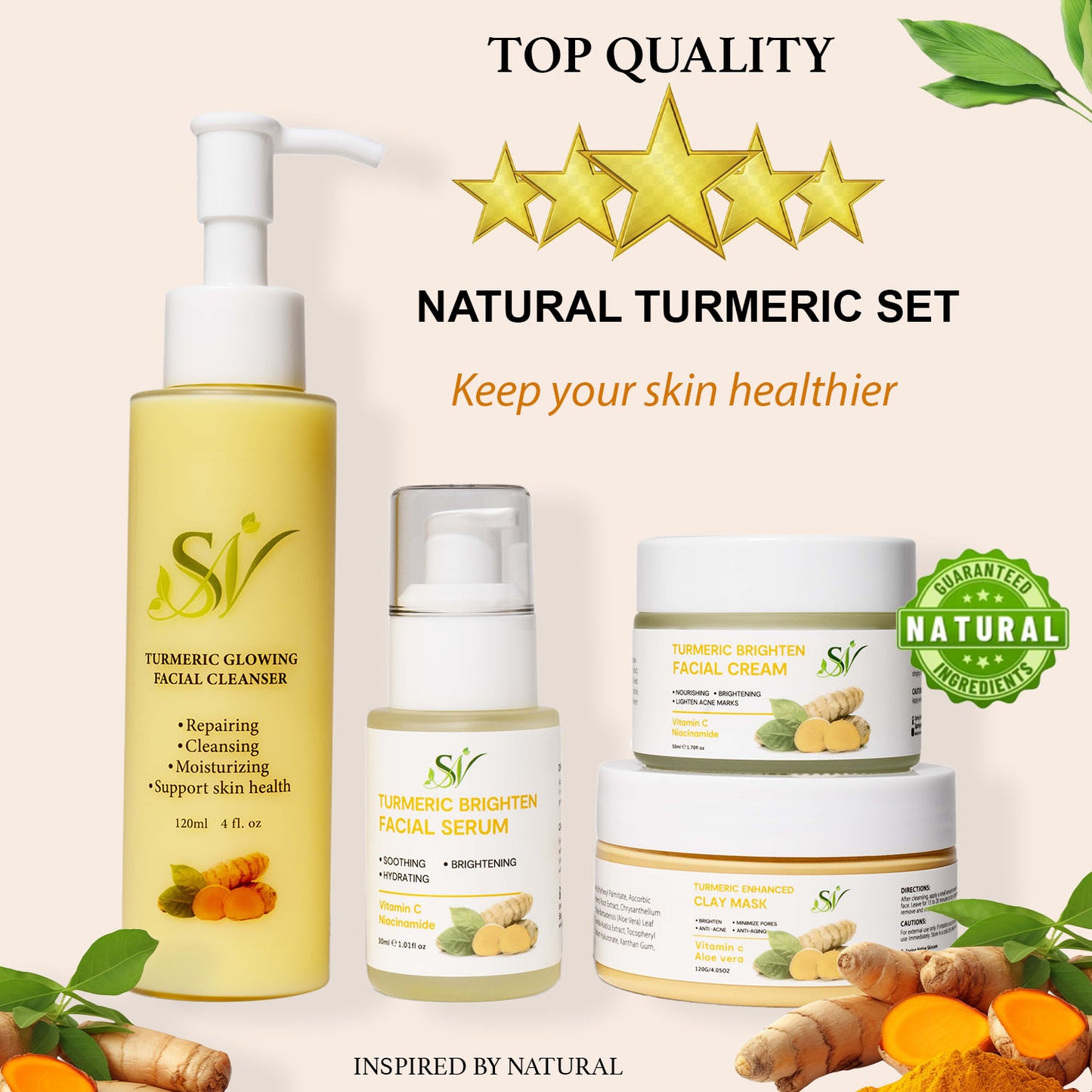 Spring Native Turmeric Skincare Set 4 in 1- Cleanser Serum Facial Cream and Claymask Reduce Acne and Scars Mask, Boosts Circulation, Skin Brightening & Unclog Pores