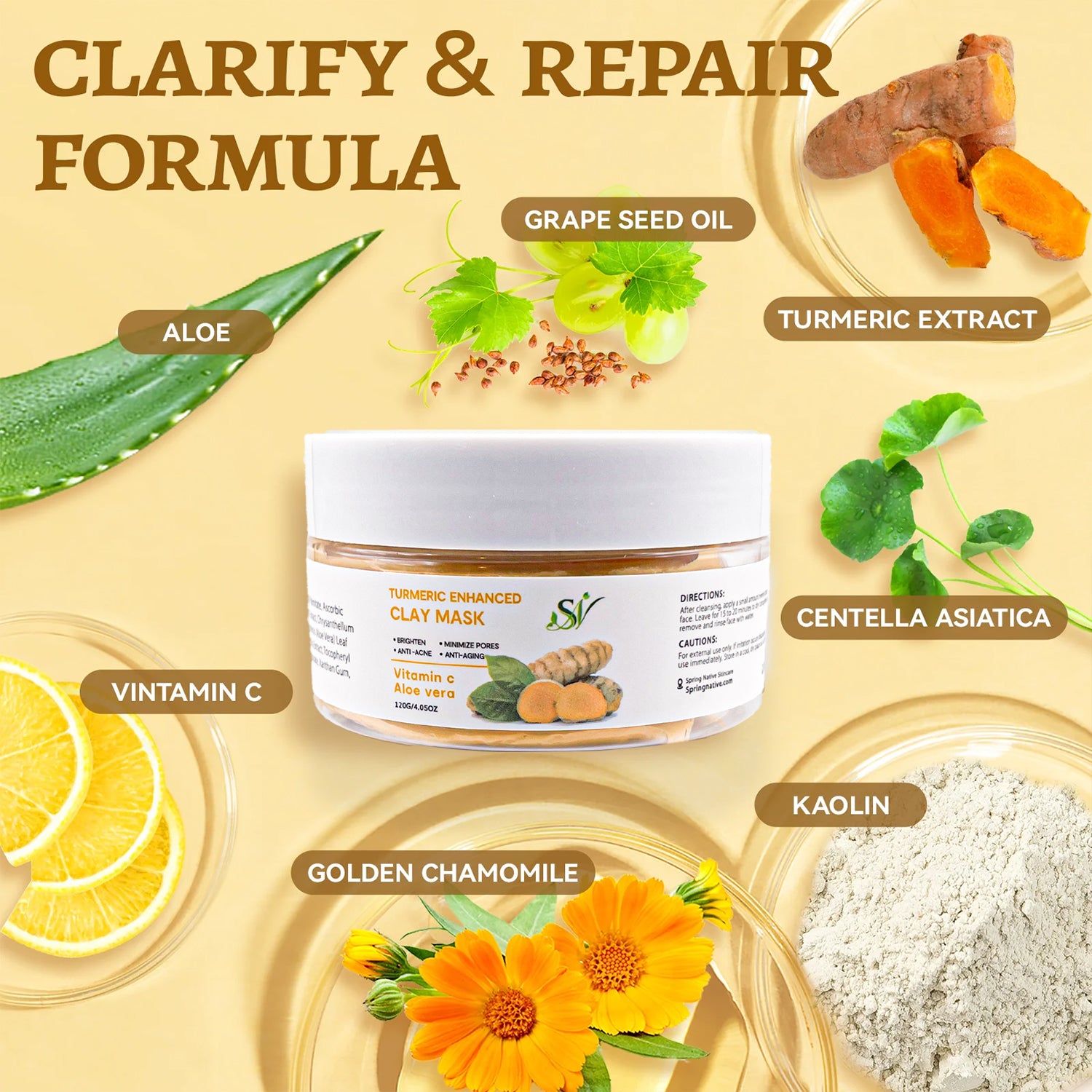 Spring Native Turmeric Purifying Clay Mask — Detoxifying, Oil-Control, Brightening Treatment for Clear, Refreshed Skin