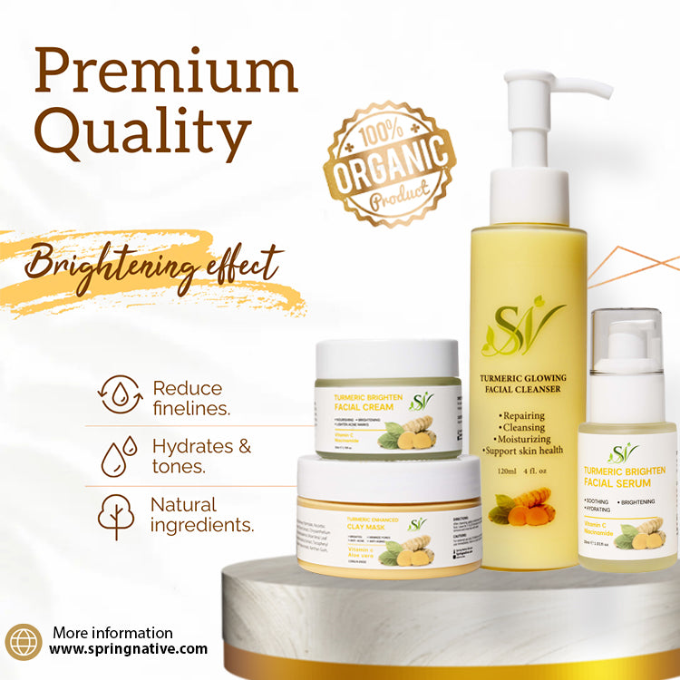 Spring Native Turmeric Skincare Set – Cleanser, Serum, Moisturizer & Clay Mask for Bright, Balanced and Beautiful Skin – 4-Step Routine with Botanical Glow Boost | All Skin Types